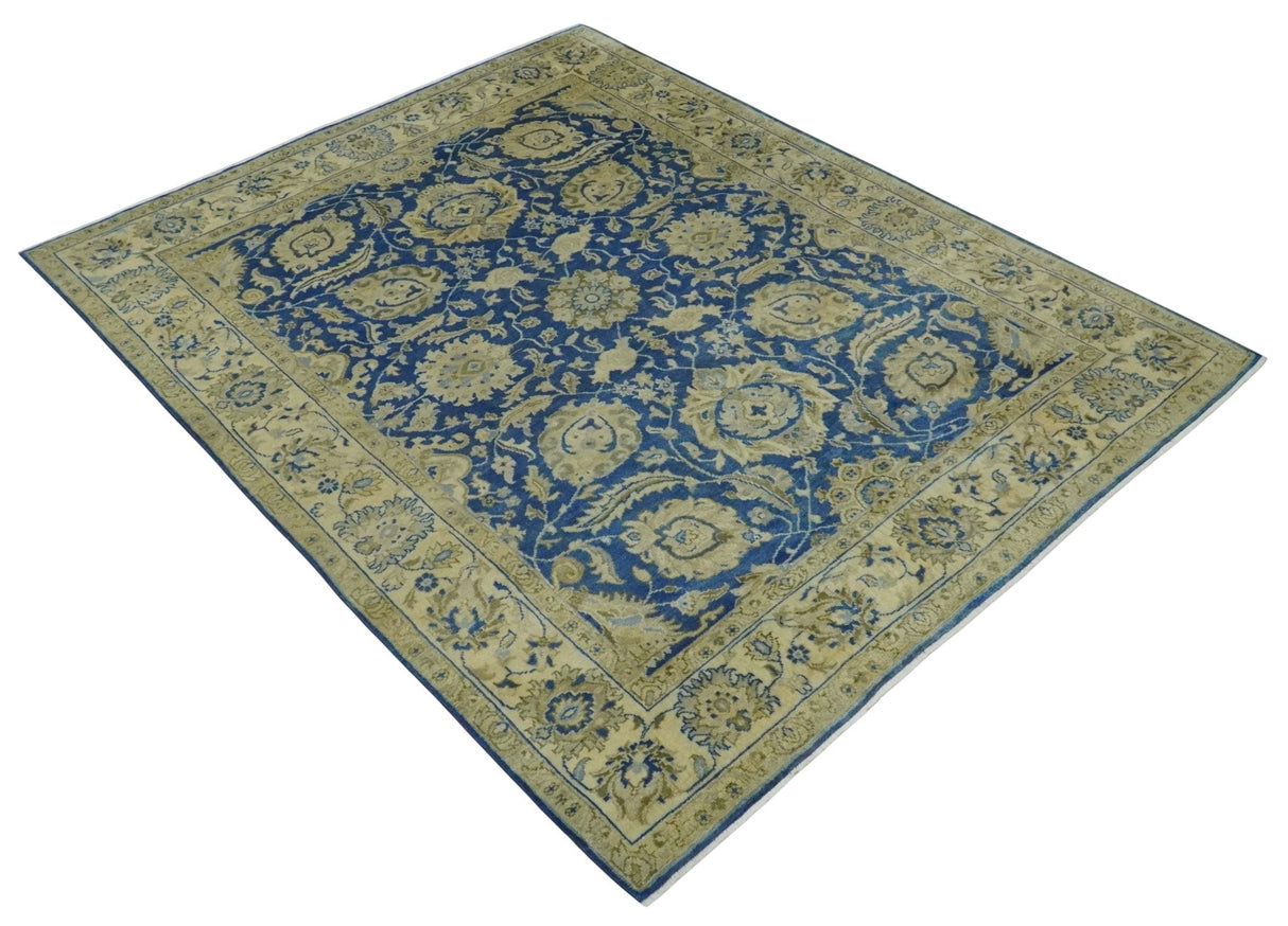 Antique Finish Oushak 8x10 Hand Knotted Blue and Beige Traditional Wool Area Rug