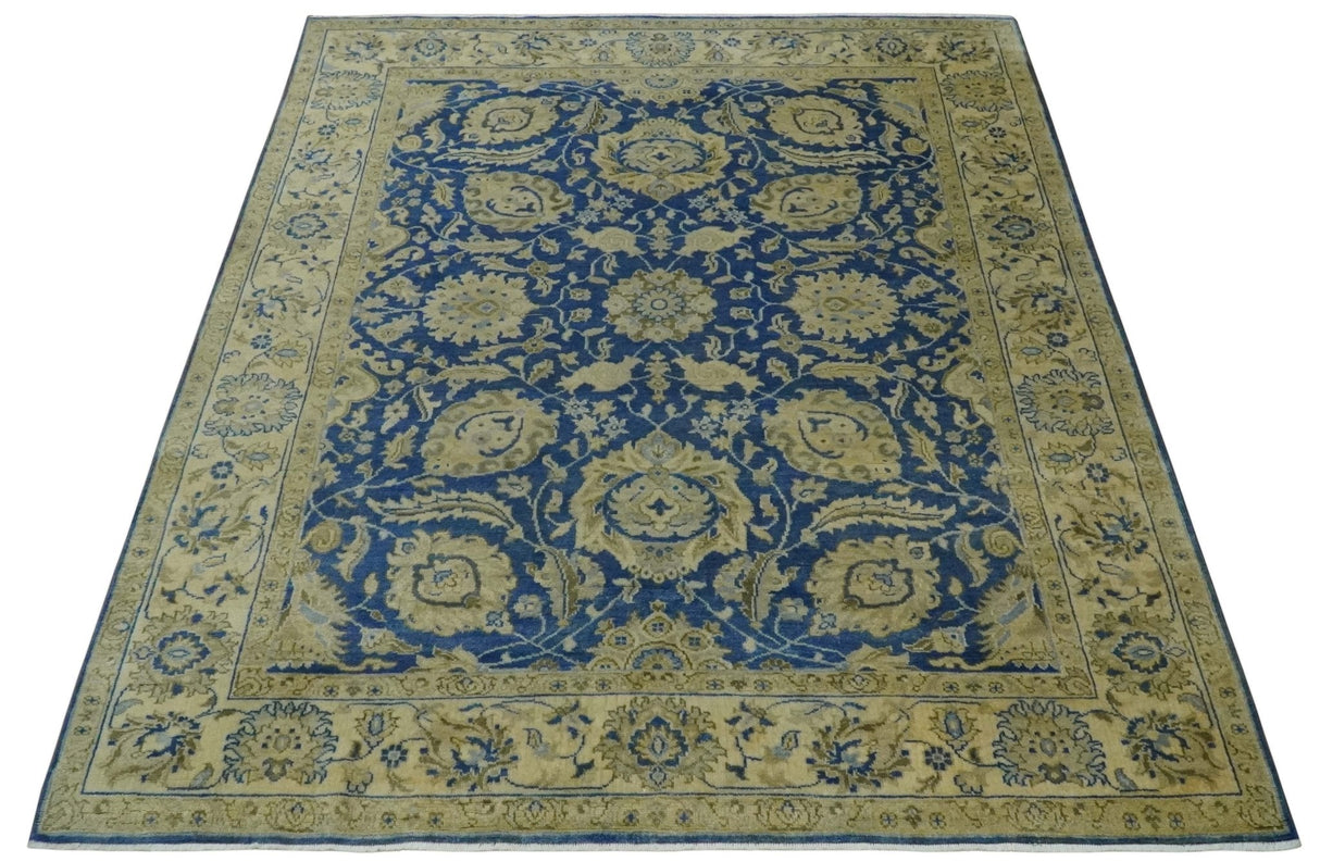 Antique Finish Oushak 8x10 Hand Knotted Blue and Beige Traditional Wool Area Rug
