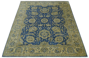 Antique Finish Oushak 8x10 Hand Knotted Blue and Beige Traditional Wool Area Rug