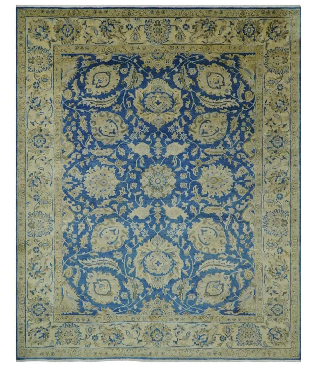 Antique Finish Oushak 8x10 Hand Knotted Blue and Beige Traditional Wool Area Rug