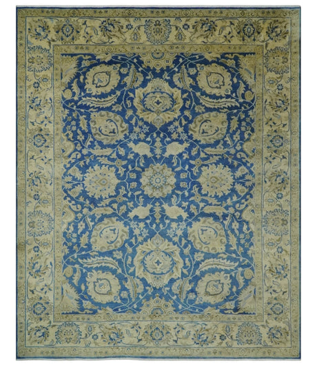 Antique Finish Oushak 8x10 Hand Knotted Blue and Beige Traditional Wool Area Rug