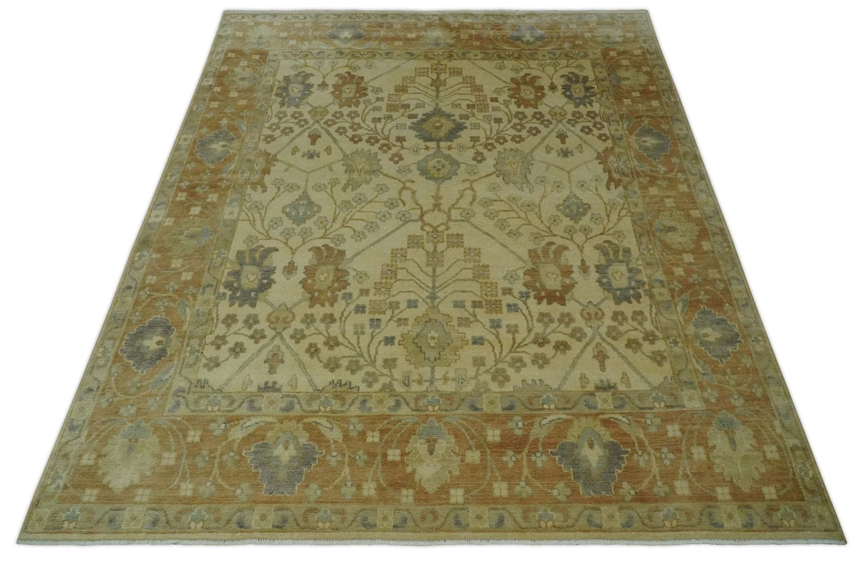Antique Floral Beige, Olive and Rust Hand knotted Oriental Oushak 8x10 wool Area rug