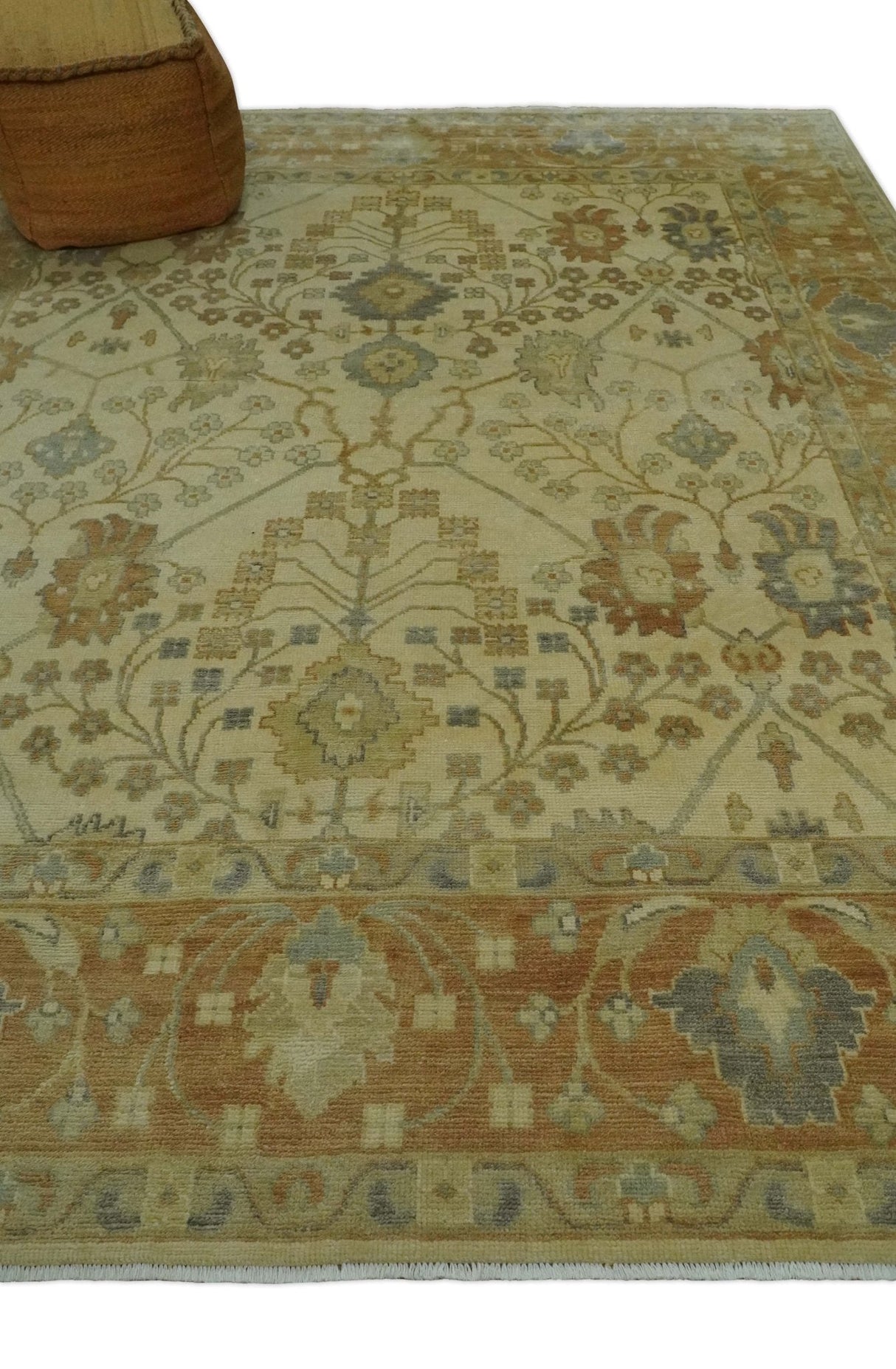 Antique Floral Beige, Olive and Rust Hand knotted Oriental Oushak 8x10 wool Area rug