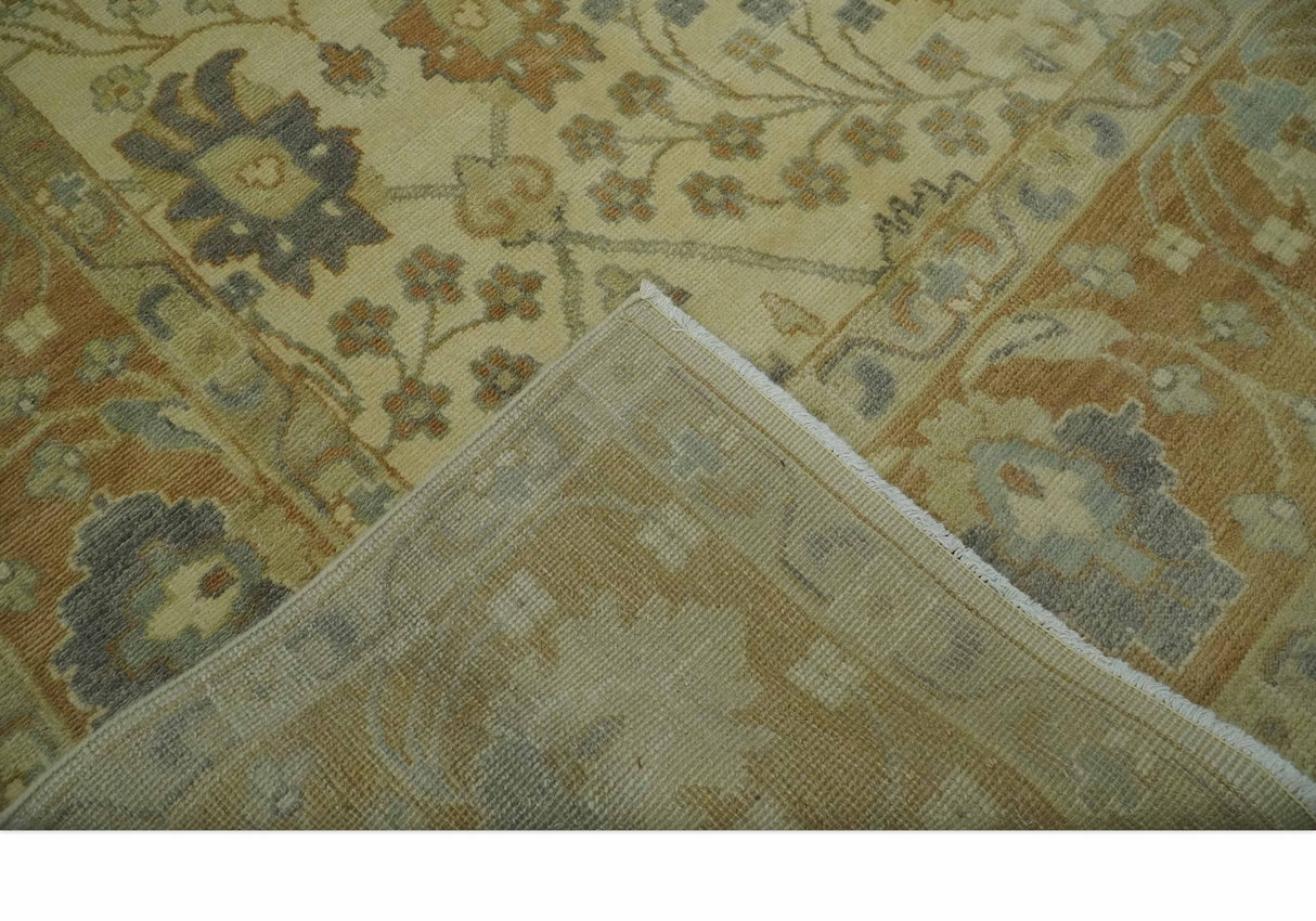 Antique Floral Beige, Olive and Rust Hand knotted Oriental Oushak 8x10 wool Area rug