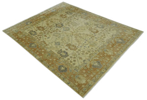 Antique Floral Beige, Olive and Rust Hand knotted Oriental Oushak 8x10 wool Area rug