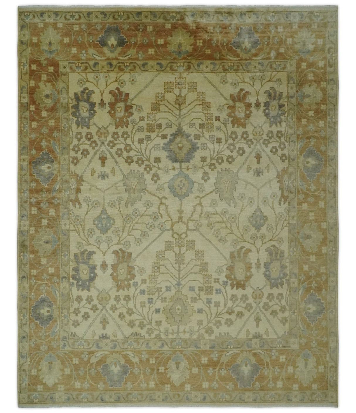 Antique Floral Beige, Olive and Rust Hand knotted Oriental Oushak 8x10 wool Area rug