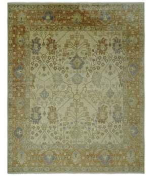 Antique Floral Beige, Olive and Rust Hand knotted Oriental Oushak 8x10 wool Area rug