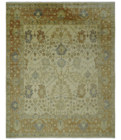 Antique Floral Beige, Olive and Rust Hand knotted Oriental Oushak 8x10 wool Area rug