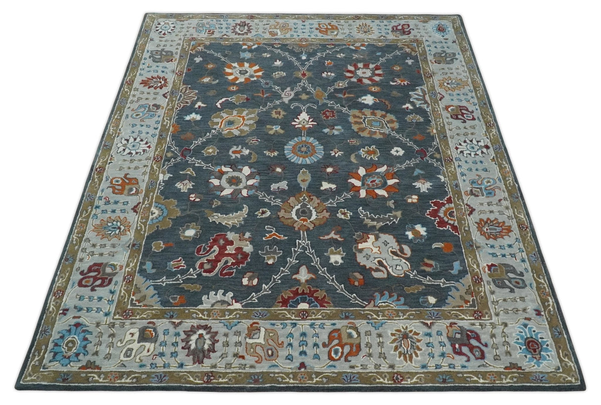 Antique Floral Hand Tufted Charcoal and Silver vintage Style colorful Traditional Oushak Multi Size wool Area Rug, Kids, Living Room and Bedroom Rug