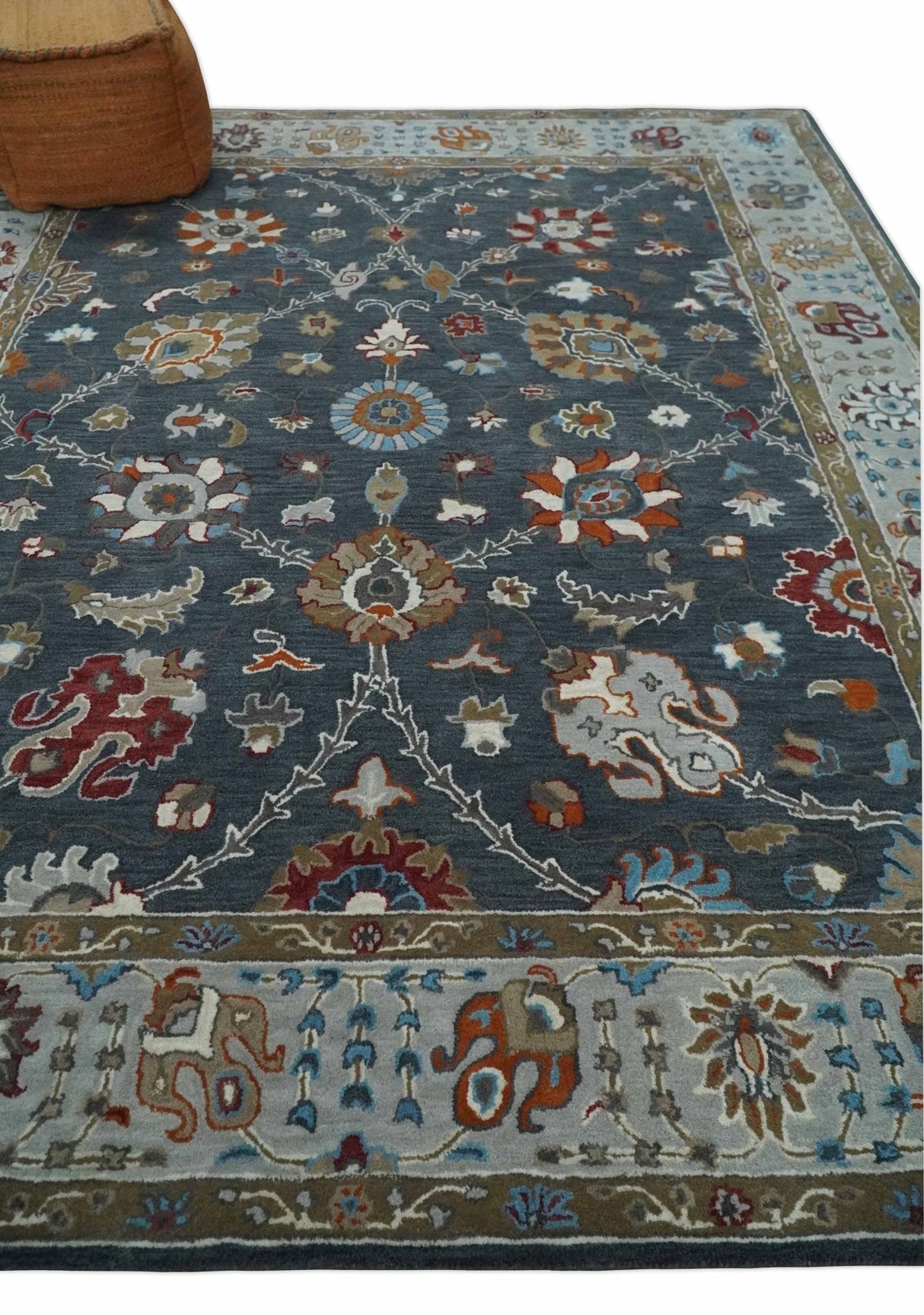 Antique Floral Hand Tufted Charcoal and Silver vintage Style colorful Traditional Oushak Multi Size wool Area Rug, Kids, Living Room and Bedroom Rug