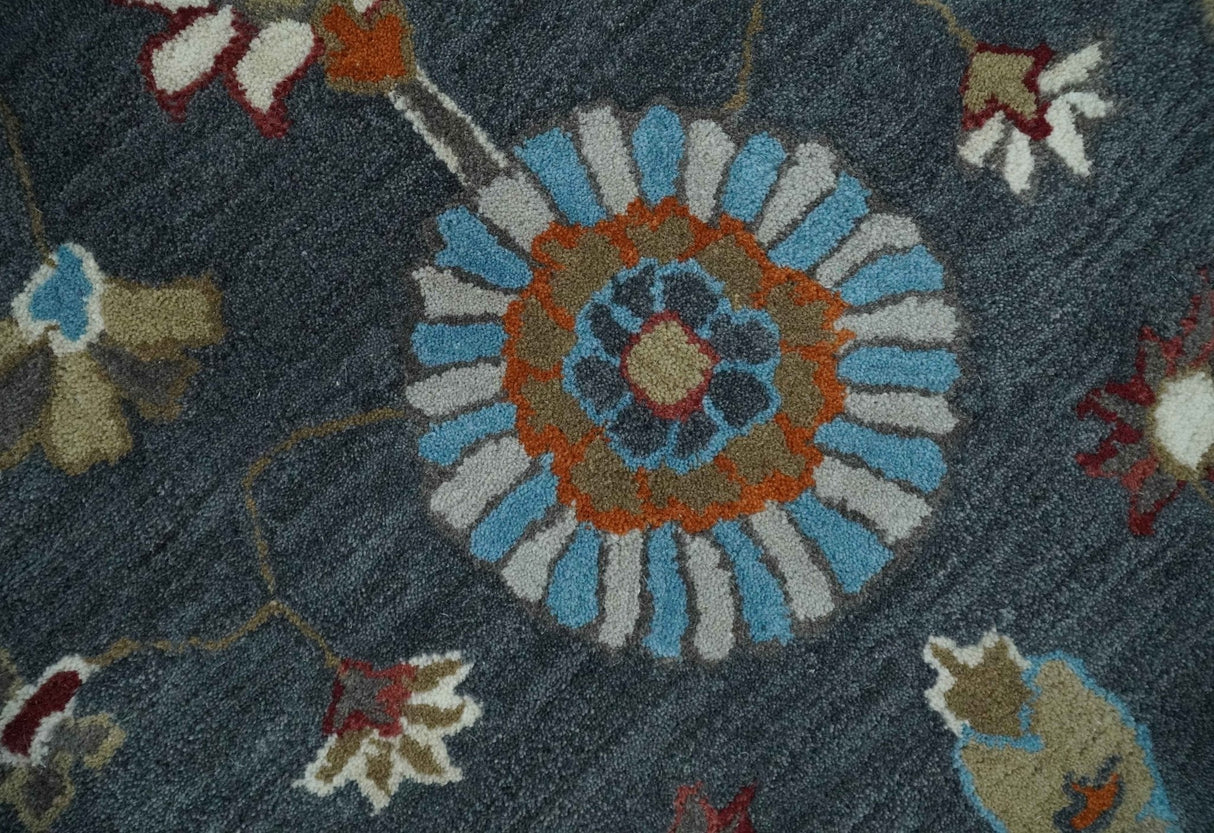 Antique Floral Hand Tufted Charcoal and Silver vintage Style colorful Traditional Oushak Multi Size wool Area Rug, Kids, Living Room and Bedroom Rug