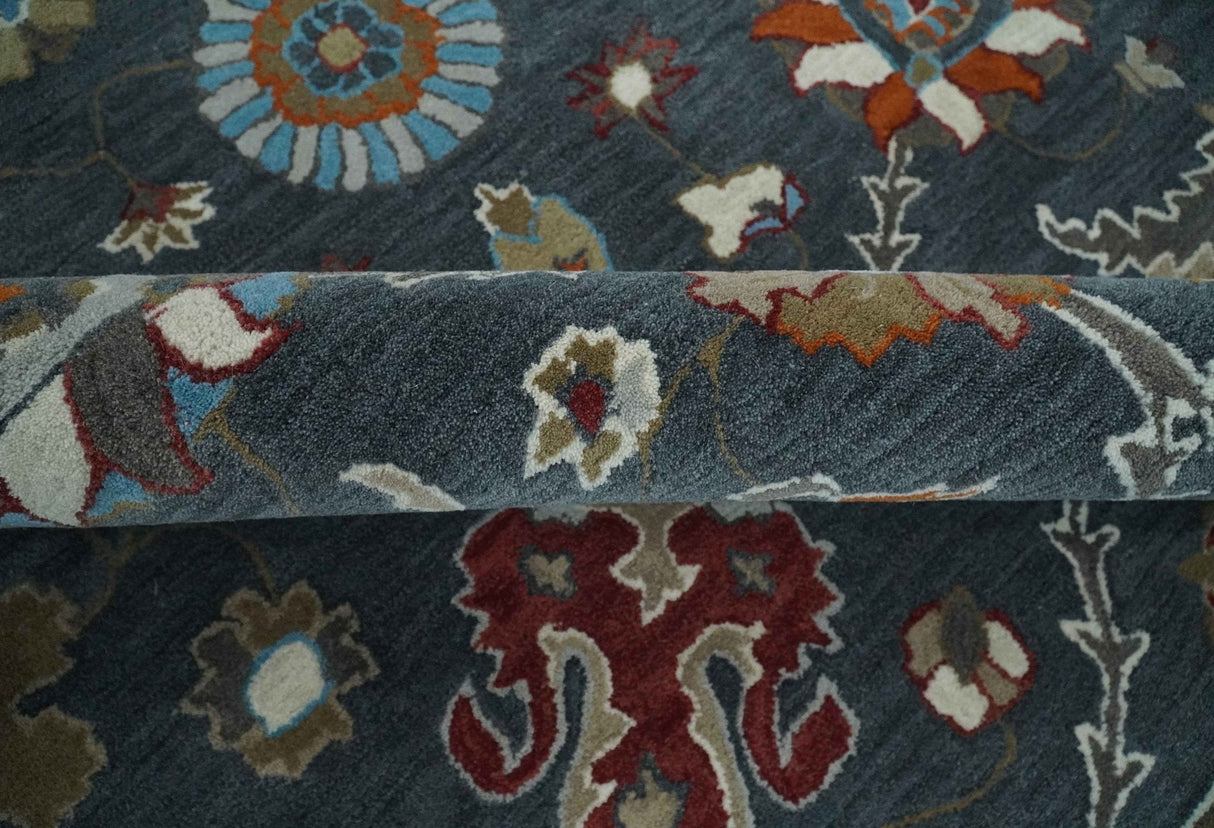 Antique Floral Hand Tufted Charcoal and Silver vintage Style colorful Traditional Oushak Multi Size wool Area Rug, Kids, Living Room and Bedroom Rug