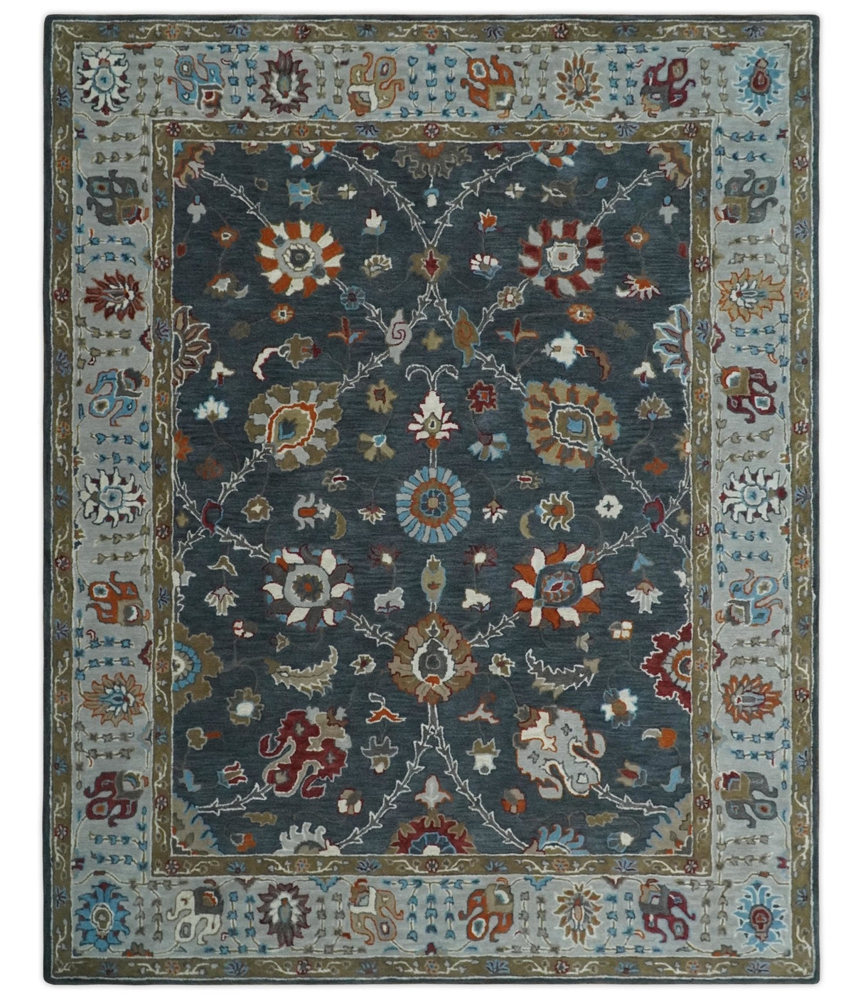 Antique Floral Hand Tufted Charcoal and Silver vintage Style colorful Traditional Oushak Multi Size wool Area Rug, Kids, Living Room and Bedroom Rug