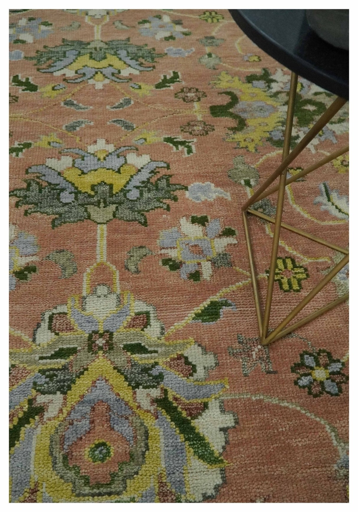 Antique Floral Peach, Green, Mustard and Ivory Hand Knotted 9x12 wool area Rug