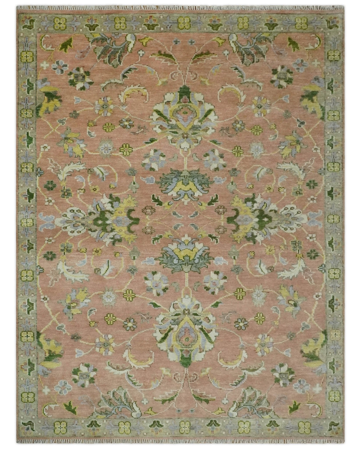 Antique Floral Peach, Green, Mustard and Ivory Hand Knotted 9x12 wool area Rug