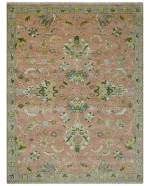 Antique Floral Peach, Green, Mustard and Ivory Hand Knotted 9x12 wool area Rug