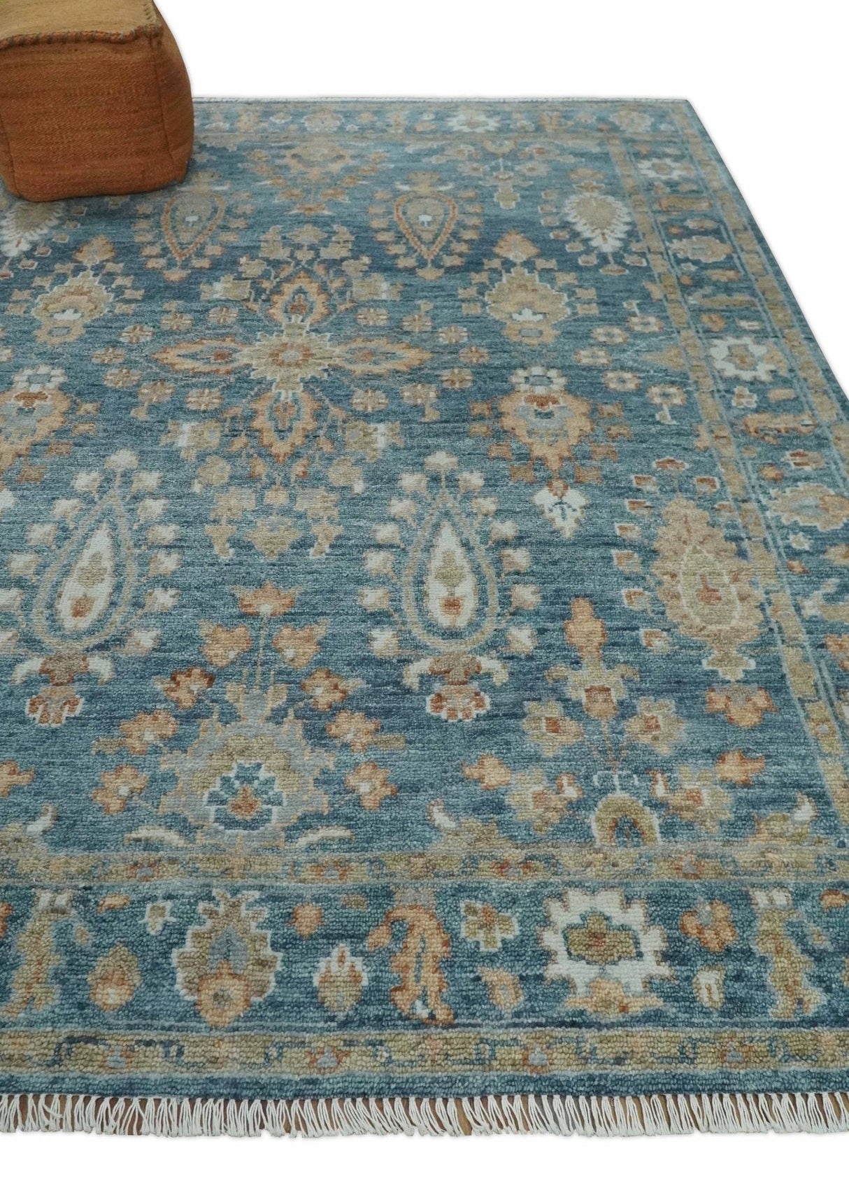 Antique Hand Knotted 8x10 Blue, Beige and Rust Traditional Oushak Wool Rug | TRD2782810S