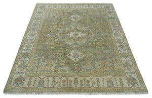 Antique Look Hand Knotted Medallion Olive and Ivory Vintage Style Wool Rug