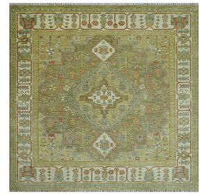 Antique Look Hand Knotted Medallion Olive and Ivory Vintage Style Wool Rug
