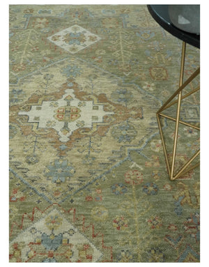 Antique Look Hand Knotted Medallion Olive and Ivory Vintage Style Wool Rug