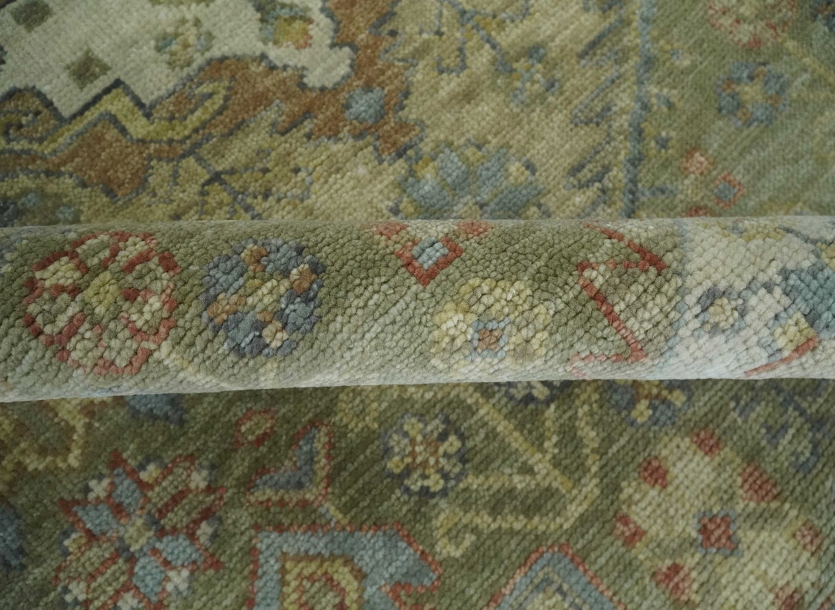 Antique Look Hand Knotted Medallion Olive and Ivory Vintage Style Wool Rug