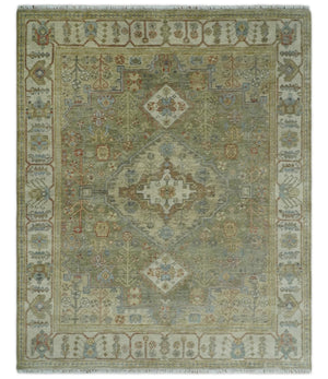 Antique Look Hand Knotted Medallion Olive and Ivory Vintage Style Wool Rug
