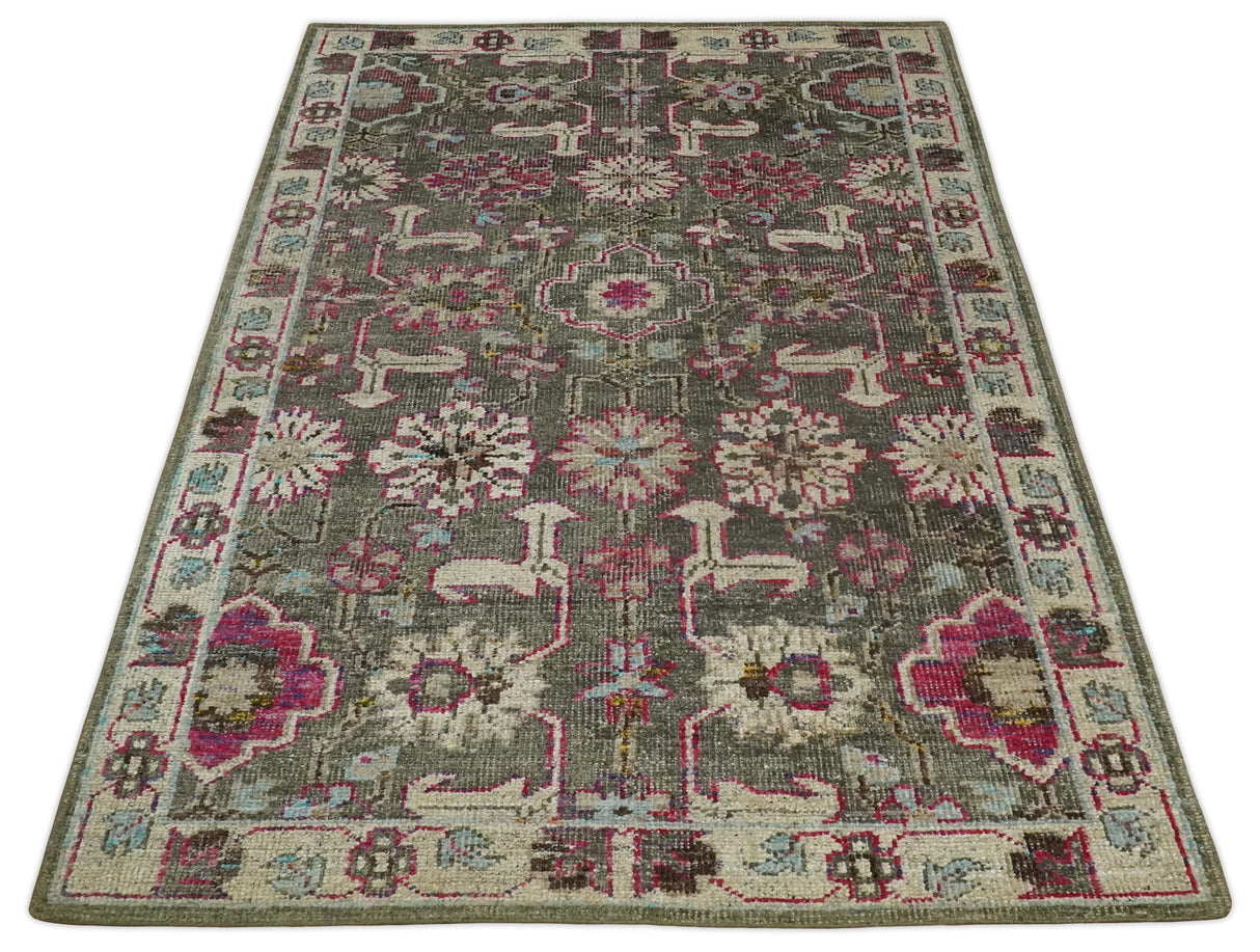 Antique Moss Green 5x8 Hand Knotted Beige and Pink Persian made of Bamboo Silk Area Rug | OP70