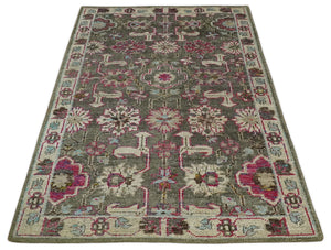 Antique Moss Green 5x8 Hand Knotted Beige and Pink Persian made of Bamboo Silk Area Rug | OP70