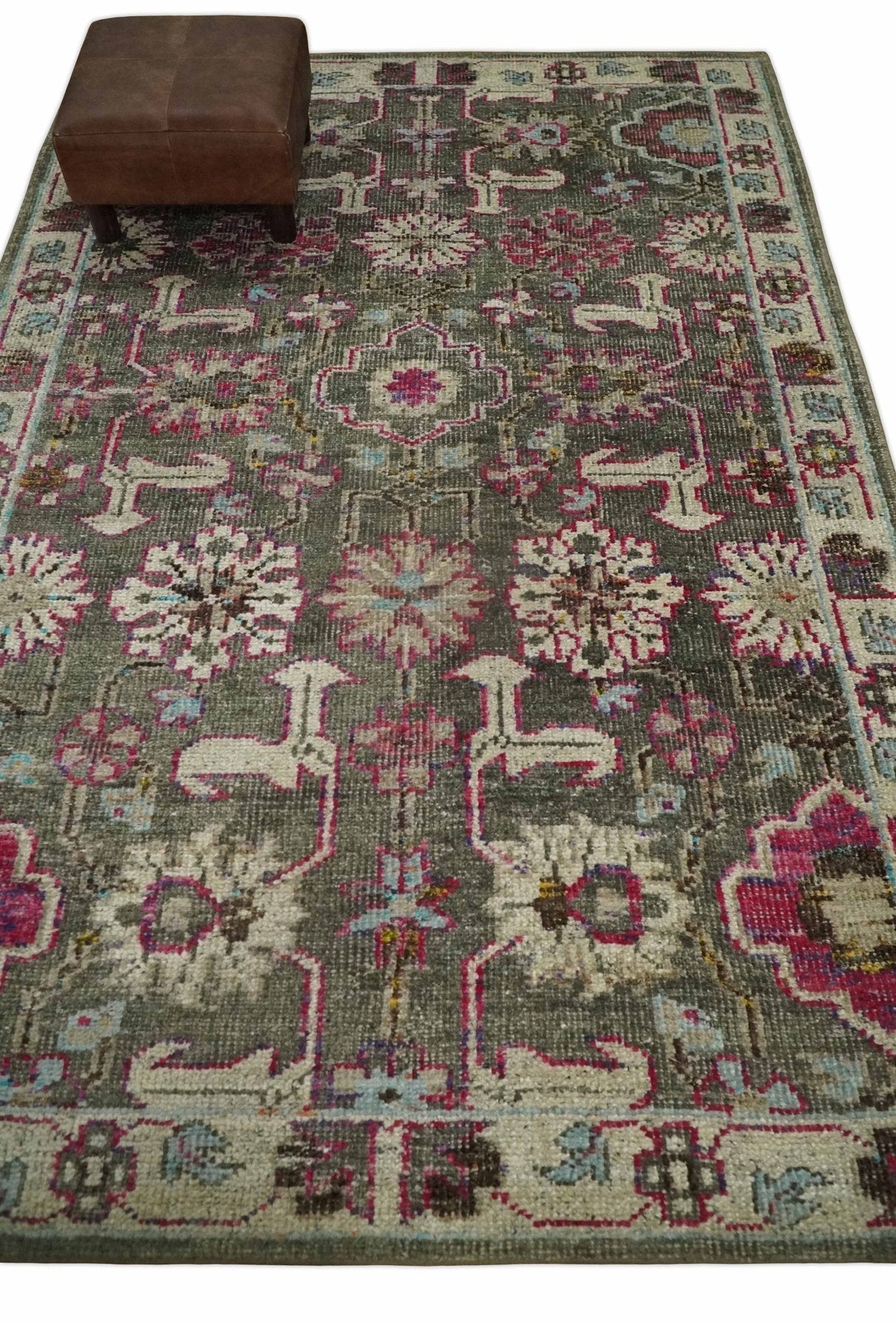Antique Moss Green 5x8 Hand Knotted Beige and Pink Persian made of Bamboo Silk Area Rug | OP70