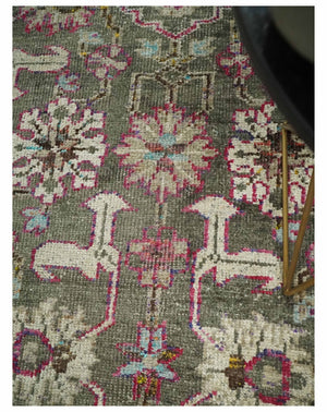 Antique Moss Green 5x8 Hand Knotted Beige and Pink Persian made of Bamboo Silk Area Rug | OP70