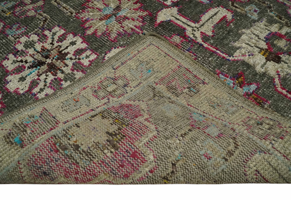 Antique Moss Green 5x8 Hand Knotted Beige and Pink Persian made of Bamboo Silk Area Rug | OP70