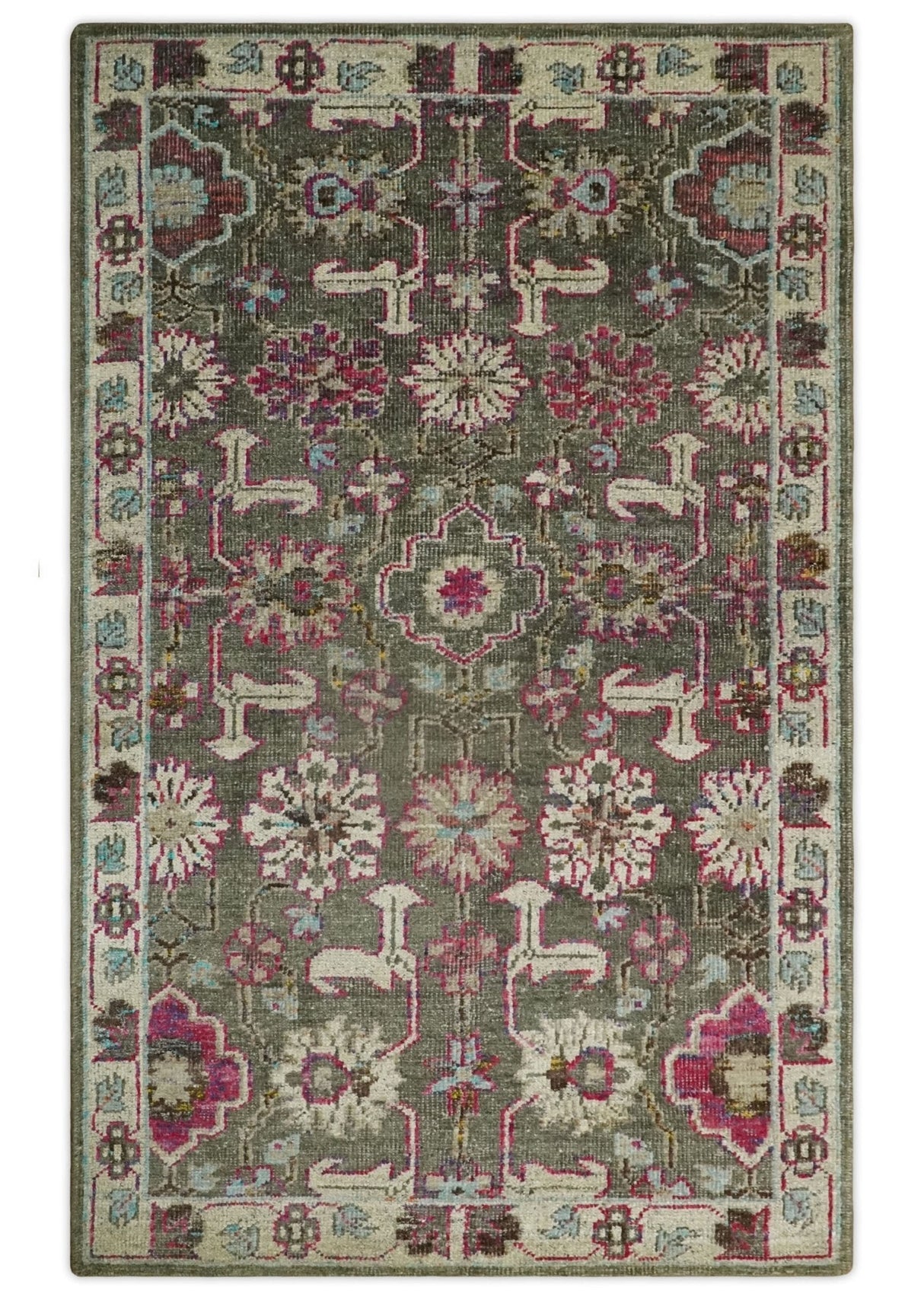 Antique Moss Green 5x8 Hand Knotted Beige and Pink Persian made of Bamboo Silk Area Rug | OP70