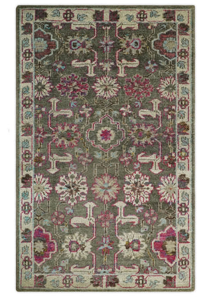 Antique Moss Green 5x8 Hand Knotted Beige and Pink Persian made of Bamboo Silk Area Rug | OP70