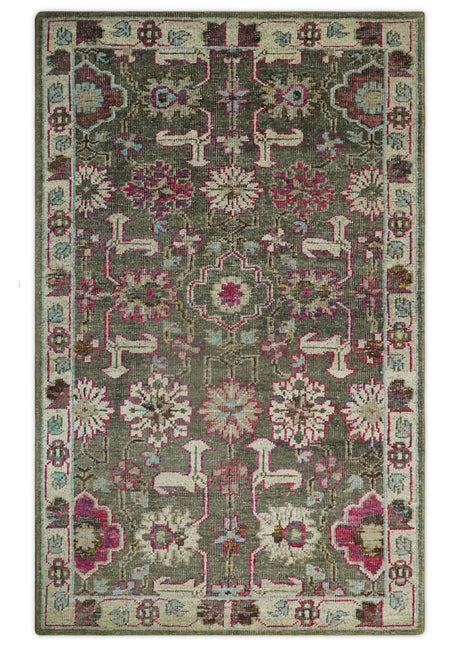 Antique Moss Green 5x8 Hand Knotted Beige and Pink Persian made of Bamboo Silk Area Rug | OP70