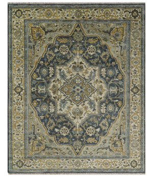 Antique Muted Traditional Heriz Serapi Medallion Blue ,Beige and Brown Hand knotted Custom made wool Area Rug