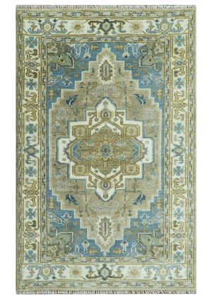 Antique Olive, Blue and Ivory Heriz Serapi Multi Size Wool Area Rug