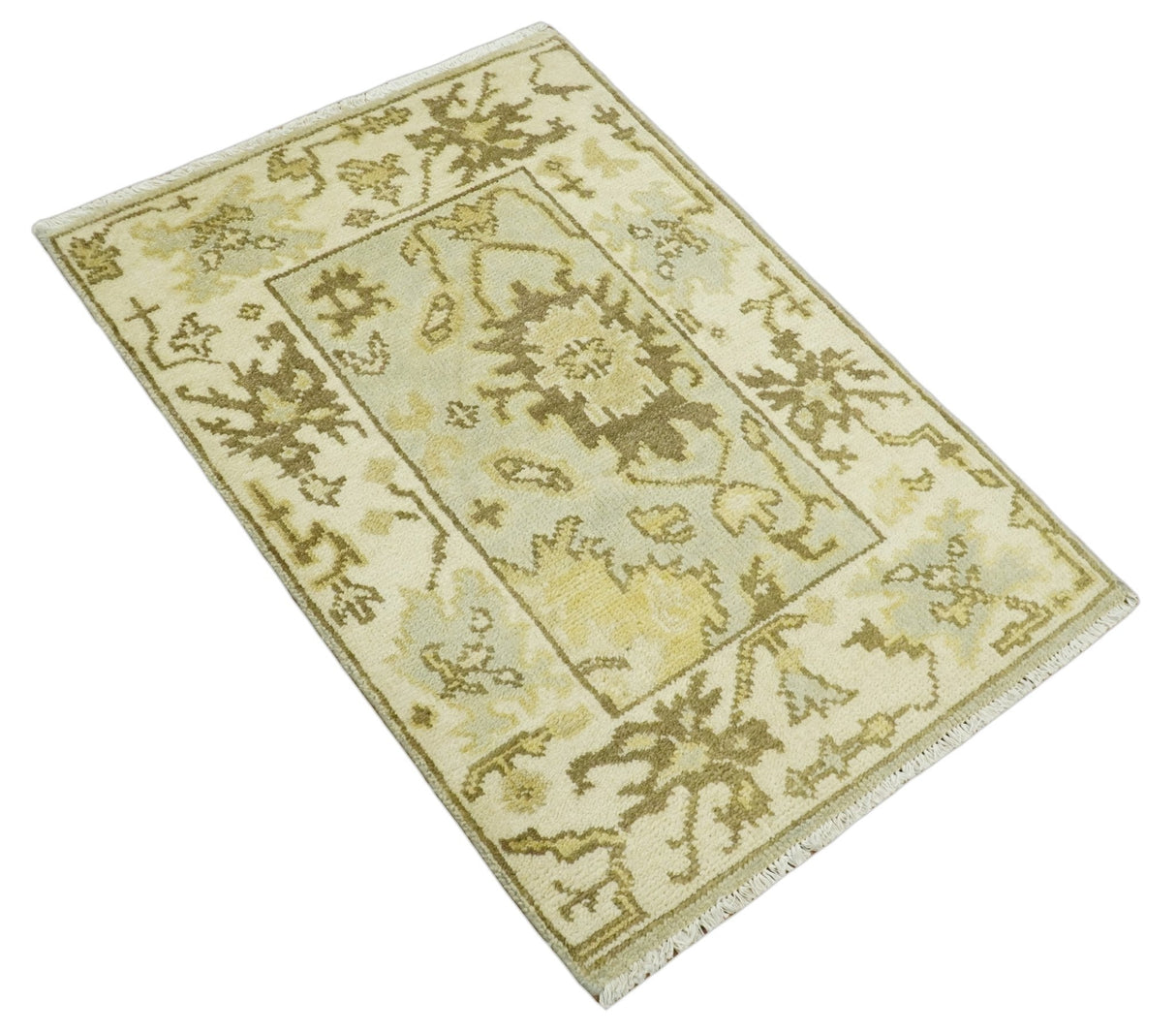 Antique Oushak 2x3 Beige and Brown Hand Knotted Entryway Wool Area Rug | TRD1925223