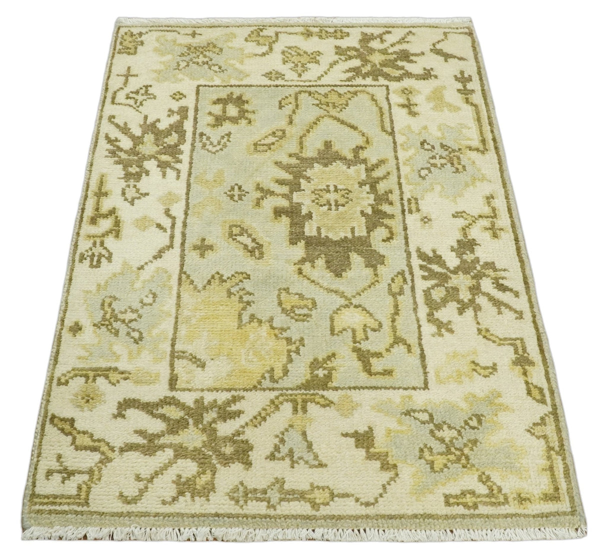 Antique Oushak 2x3 Beige and Brown Hand Knotted Entryway Wool Area Rug | TRD1925223