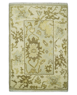 Antique Oushak 2x3 Beige and Brown Hand Knotted Entryway Wool Area Rug | TRD1925223
