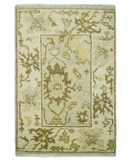 Antique Oushak 2x3 Beige and Brown Hand Knotted Entryway Wool Area Rug | TRD1925223