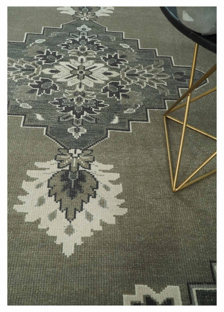 Antique Persian Earthy Sage Hand Knotted 8x10 Gray and Ivory Traditional Vintage Heriz Serapi Wool Rug | AC25810