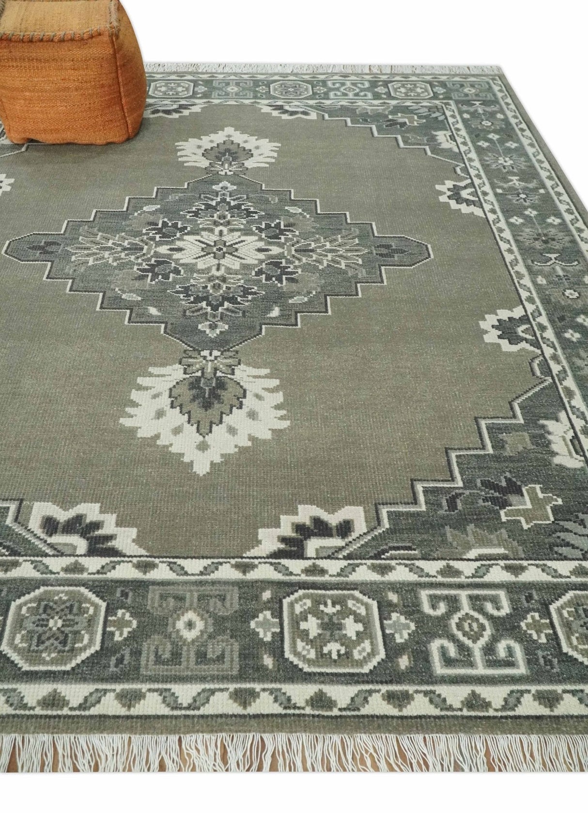 Antique Persian Earthy Sage Hand Knotted 8x10 Gray and Ivory Traditional Vintage Heriz Serapi Wool Rug | AC25810