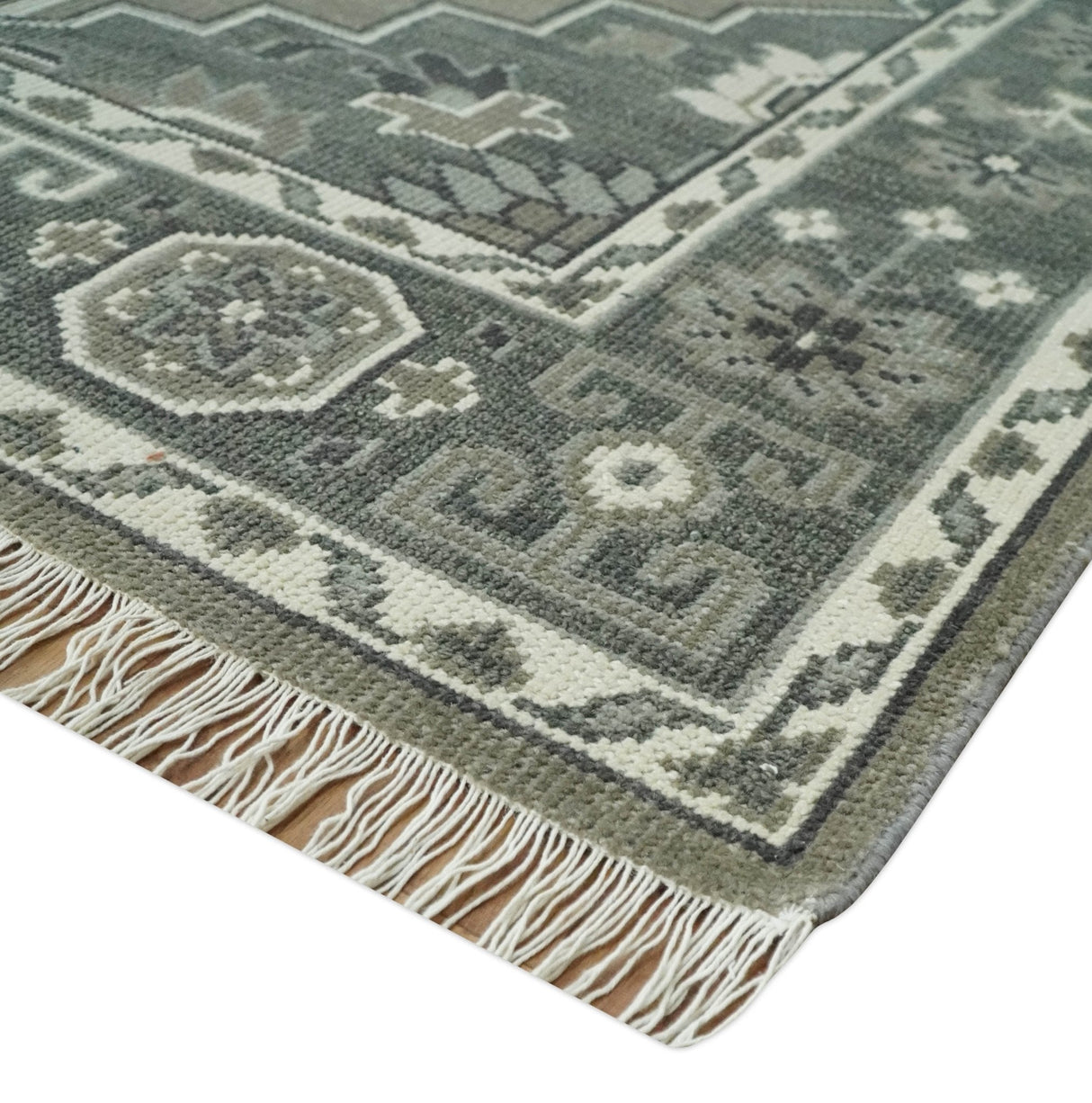 Antique Persian Earthy Sage Hand Knotted 8x10 Gray and Ivory Traditional Vintage Heriz Serapi Wool Rug | AC25810