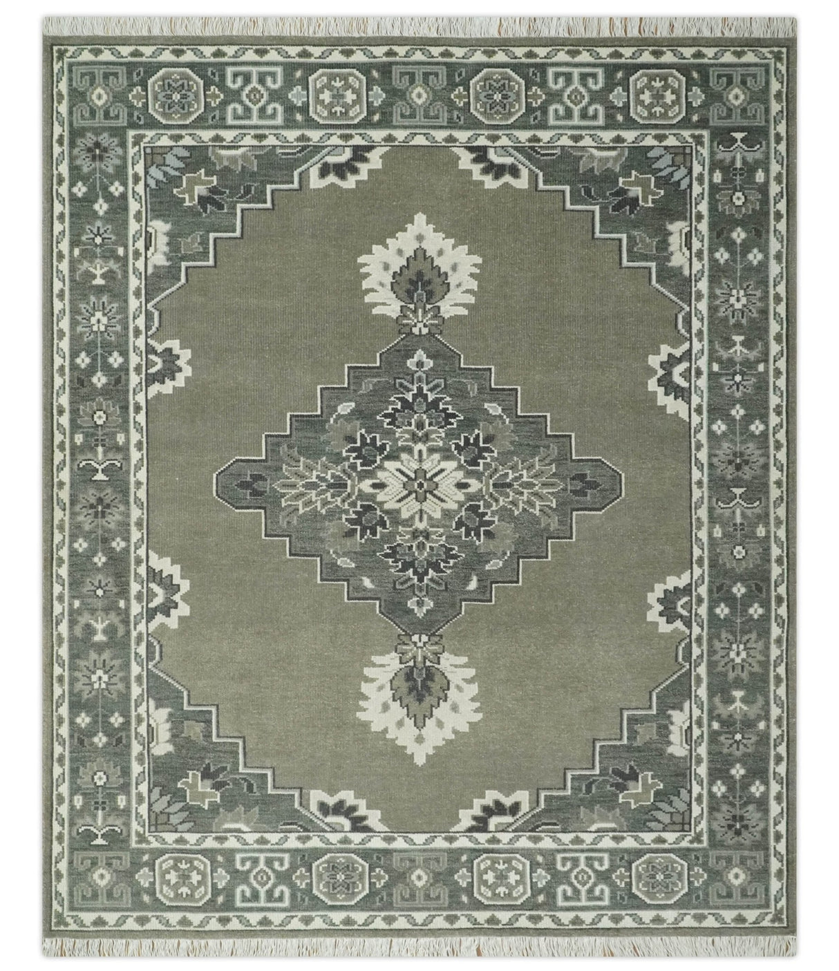 Antique Persian Earthy Sage Hand Knotted 8x10 Gray and Ivory Traditional Vintage Heriz Serapi Wool Rug | AC25810