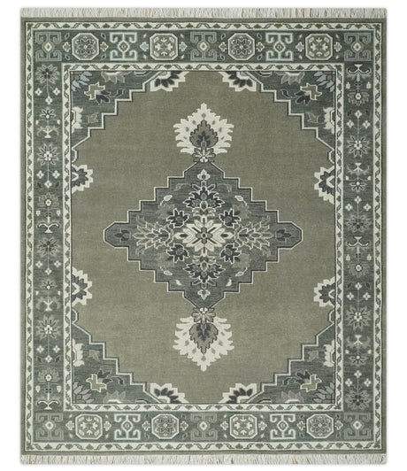 Antique Persian Earthy Sage Hand Knotted 8x10 Gray and Ivory Traditional Vintage Heriz Serapi Wool Rug | AC25810