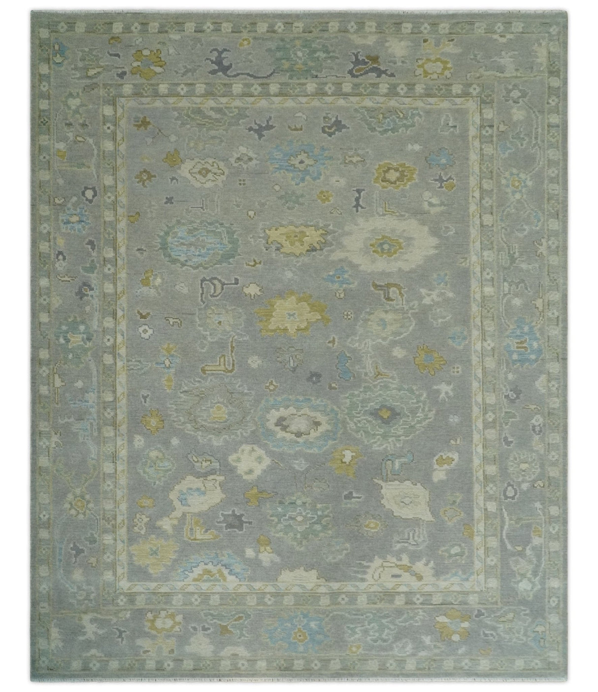 Antique Silver Hand Knotted Oushak Wool Area Rug