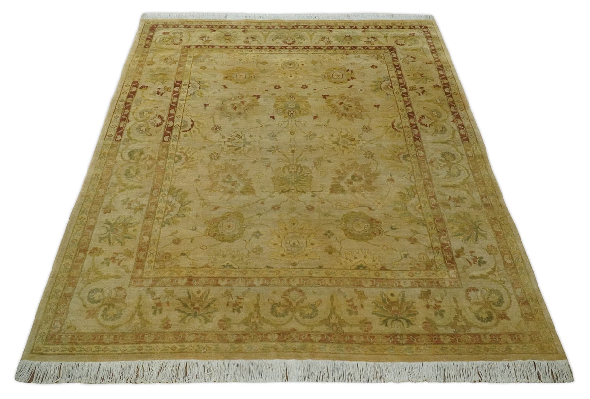 Antique Style 8x10 Hand Knotted Beige, Olive and Brown Traditional Oushak Wool Rug