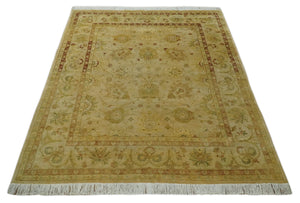 Antique Style 8x10 Hand Knotted Beige, Olive and Brown Traditional Oushak Wool Rug
