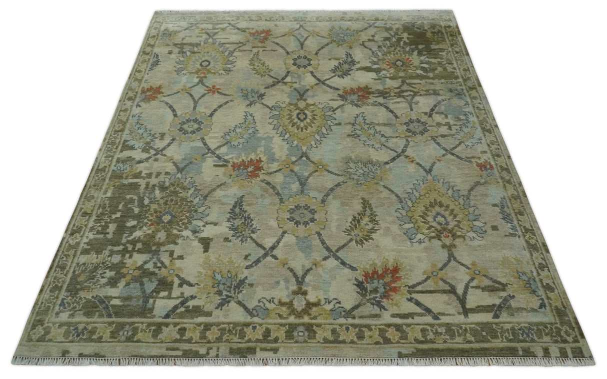 Antique Style Beige, Green and Gray Hand Knotted Traditional Oriental 8x10 wool area Rug