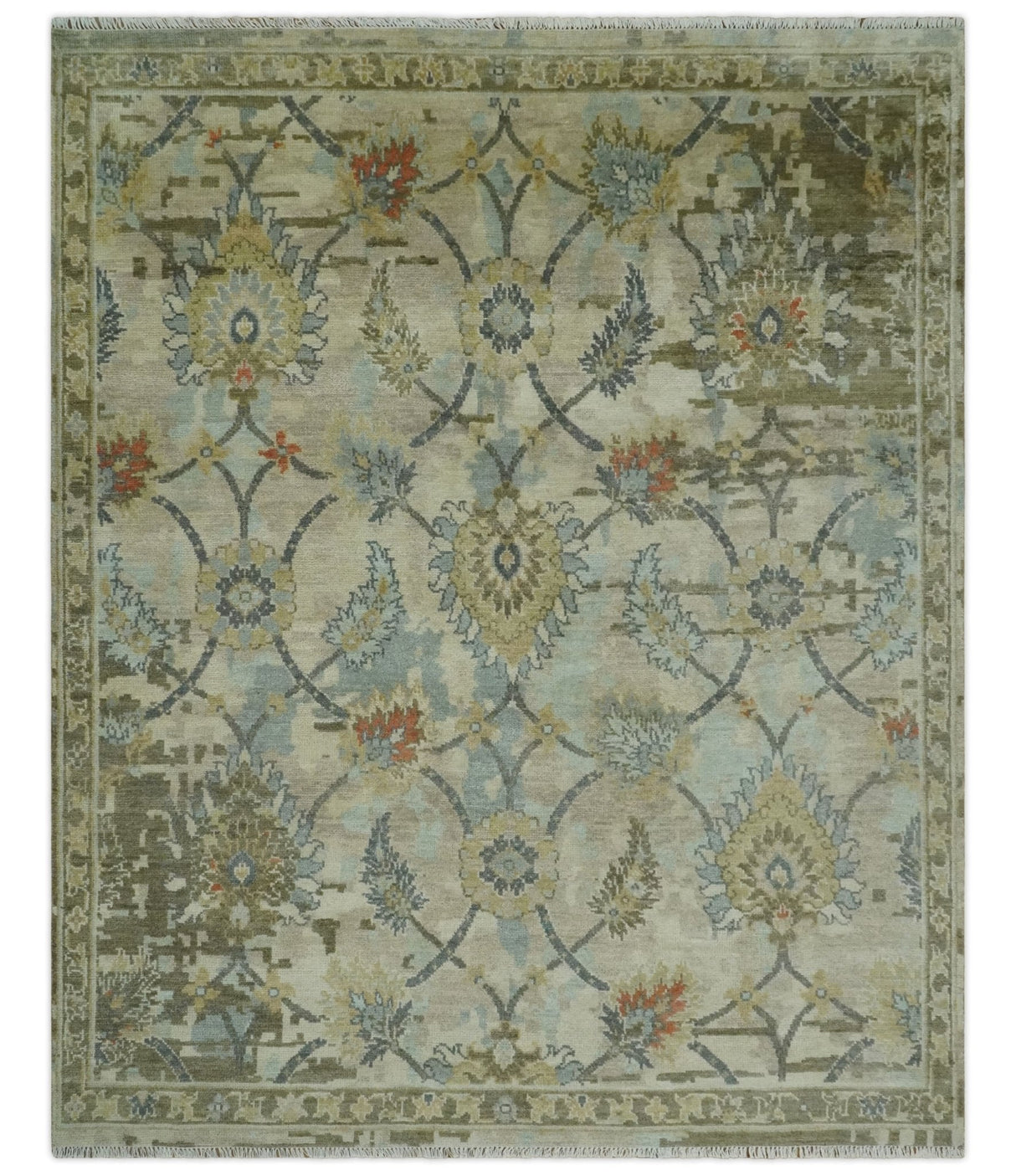 Antique Style Beige, Green and Gray Hand Knotted Traditional Oriental 8x10 wool area Rug